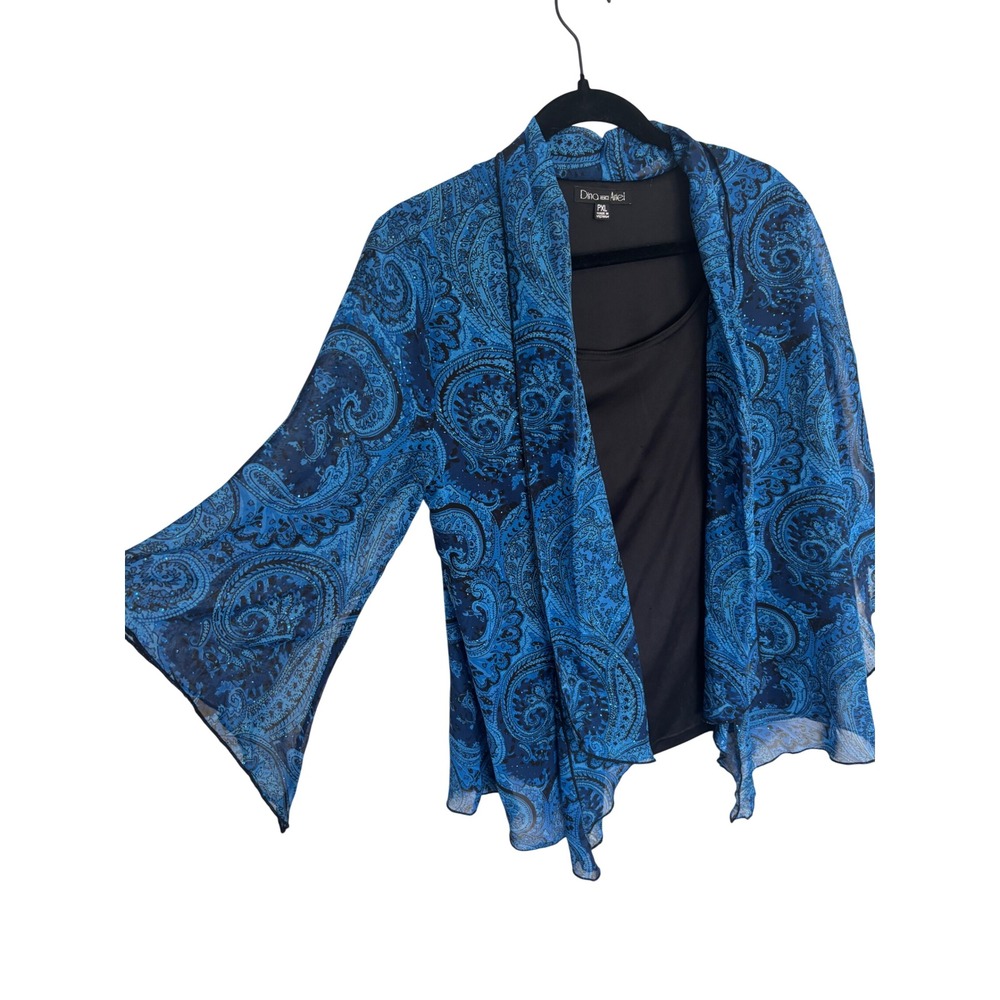 Dina Be Ariel PXL Blue Paisley 2 Piece Tank Kimono Top Sheer Sequin Petite XL